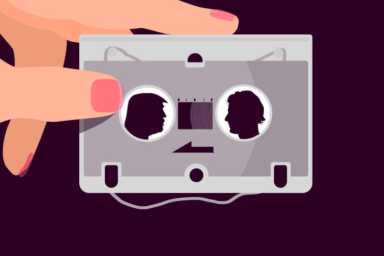 Illustration of a woman holding a microcassette tape of her husband and Donald Trump in an interview.
